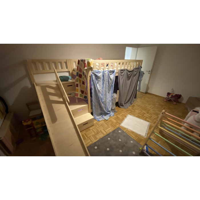Kinderbed met trap en glijbaan – massief grenen onbehandeld